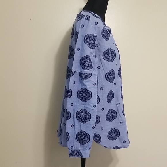 LOFT Women's Boho Blue Medallion Blouson Sleeve Cotton Button Up Tunic Top Small - Picture 8 of 13
